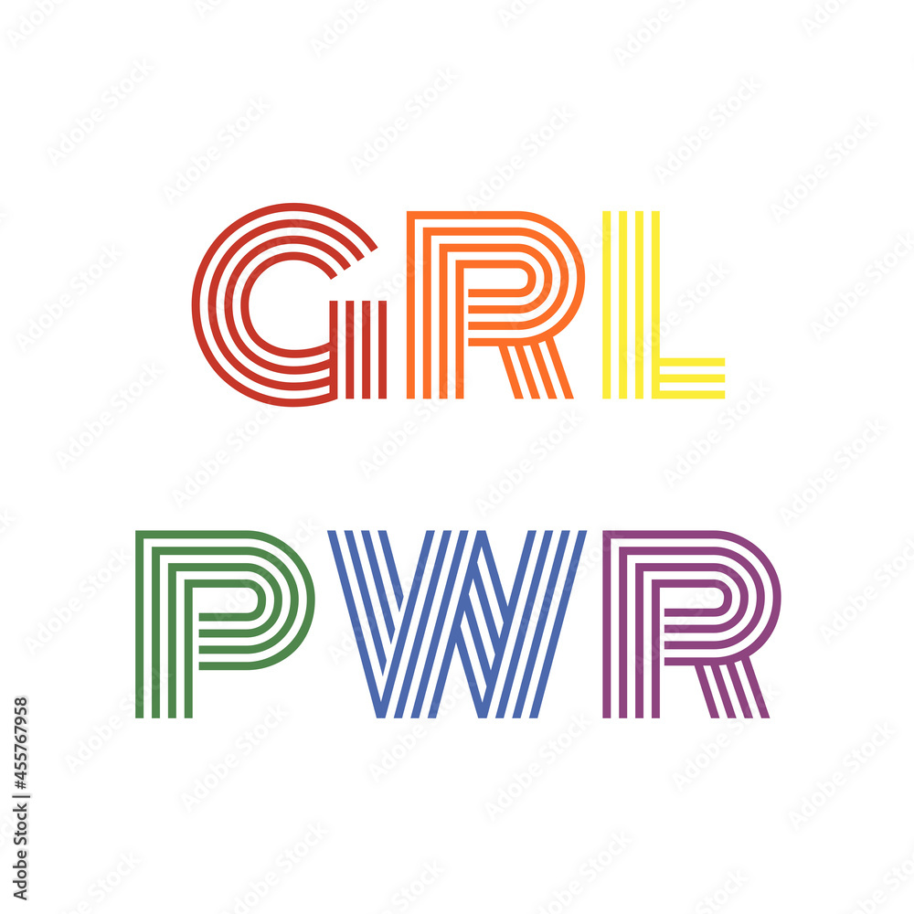 Colorful GRL PWR (Girl Power) text design illustration with rainbow (red, orange, yellow, green, blue, purple) colors on white background Colorful GRL PWR (Girl Power) text design illustration with rainbow (red, orange, yellow, green, blue, purple) colors on white background