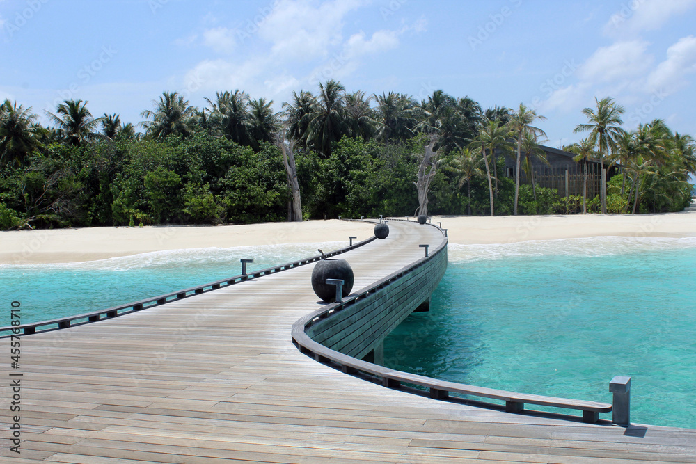 Palms on the white beach wood bridge over turquoise lagoon Maldives island