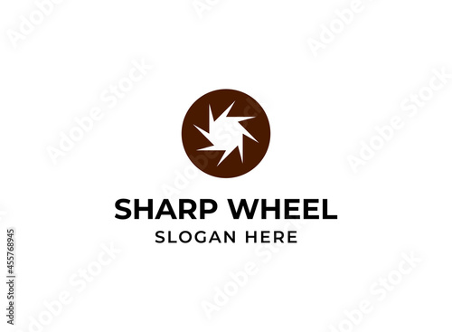 Saw abstract logo. Sharp wheel in circle logotype. Blade circular disc symbol for woodworking company