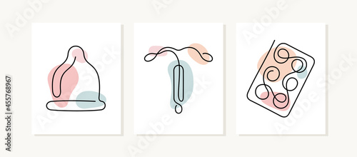 Contraception methods cards. Continuous line vector illustration.