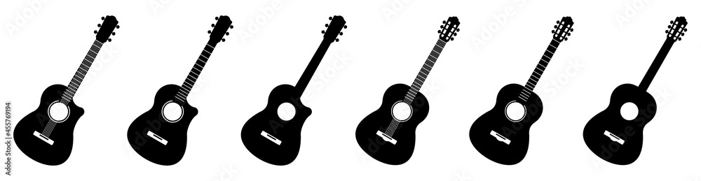 Fototapeta premium Guitar icon set. black Acoustic guitar isolated on white background, vector illustration
