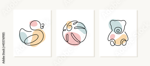 Baby toys cards. Continuous line vector illustration.