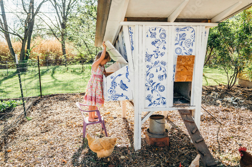 Girl in sundress getting eggs from chicken coop