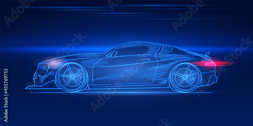 Futuristic sport car. Neon concept. Glowing electric virtual control. Traffic on a road. Minimalistic Background for interface or logo, banner. Vector illustration. Side view. © artbalitskiy