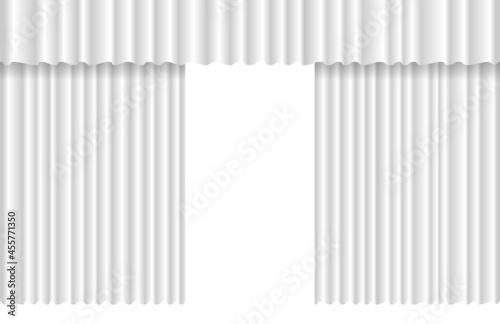 Opened luxury white wavy curtain stage backdrop. Grand open theater event velvet fabric drape opening ceremony. Vector theatre cinema premiere presentation drapery cloth illustration. Eps