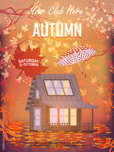 Autumn mood hand drawn poster template. Season nature vector illustrations. Autumn Landscape with Wooden House, maple Leaves, Tree, umbrella. Welcoming autumn postcard on orange, red background.