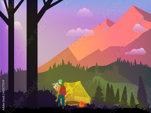 Banner or flyer with a man hiking or backpacking in forest or woods at mountains. Young tourist with a map or backpacker on camping trip, adventure travel. Flat cartoon vector illustration with tent.