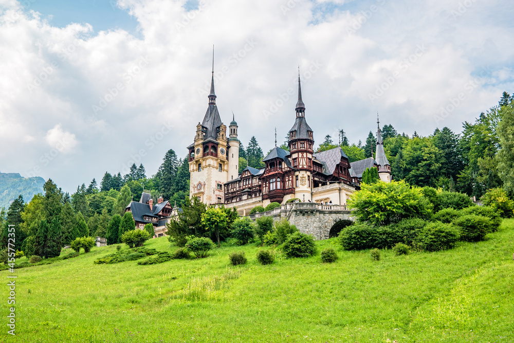 Peles castle on a rainy day in Sinaia, Romania