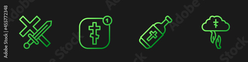 Set line Holy water bottle, Crusade, Online church pastor preaching and God's helping hand. Gradient color icons. Vector