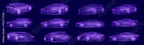 Futuristic sport car. Neon concept. Glowing electric virtual control. Traffic on a road. Minimalistic Background for interface or logo, banner. Vector illustration. Side view.