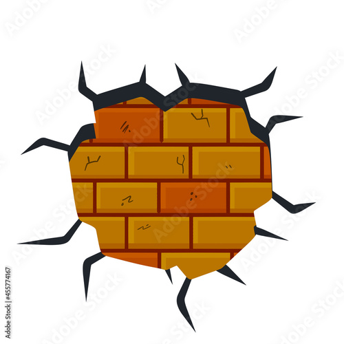 Broken plaster with cracks. Decoration and background element. Detail of house and hole in old building.