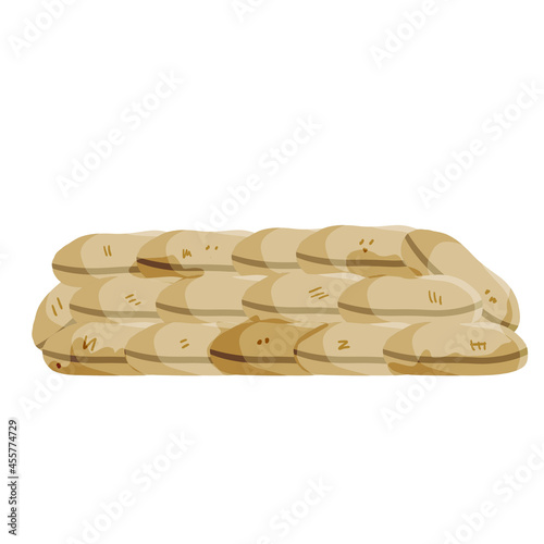 Barricade of sandbags. Fortified point. Defense construction. Modern warfare. Wall of bag. Outpost and barrier. Flat cartoon
