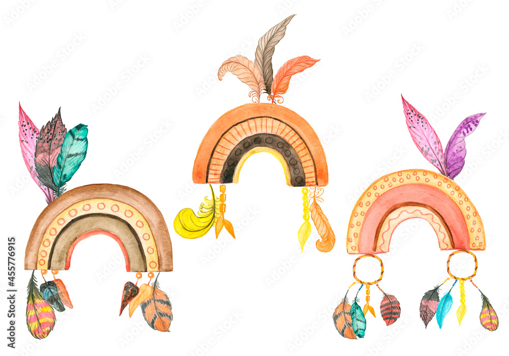 Obraz premium Watercolor Clipart rainbow, feather Boho style hand-drawn art decor. Baby shower party design. Set Illustrations Isolated on white background.
