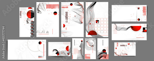 Black white red colors poster design Japanese style templates set invitations to lines abstract background. Stock illustration artwork business style