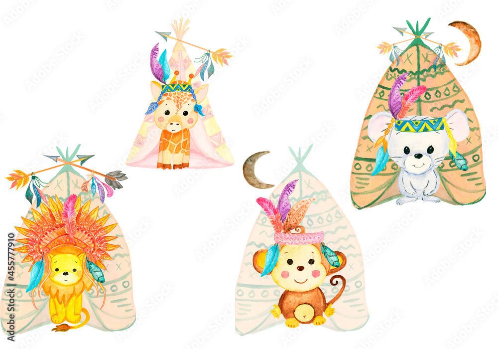 Obraz Watercolor Cute baby fox, Indian motifs.animal nursery rabbit and bear isolated illustration for children. Set with cute cartoon giraffe, zebra, elephant and lion; watercolor hand draw illustration.