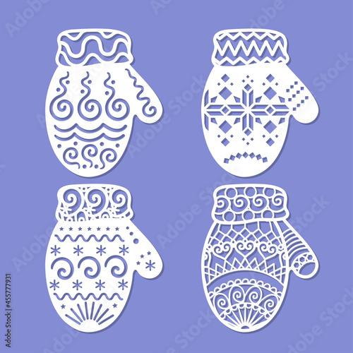 Laser cutting template. Mittens. For cutting from any material. For the design of postcards, Christmas tree decorations, decor elements, interior design. Vector 