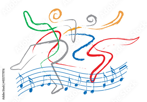  Lively dancing people, folk dance symbol  with music notes.
 Expressive, abstract  stylized illustration of dancing couple. Isolated on white background. Vector available.