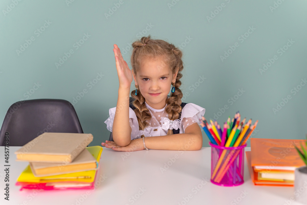 Back to school! Happy cute industrious child is sitting at a desk indoors. Kid is learning in class. Back to school! Happy cute industrious child is sitting at a desk indoors. Kid is learning in class.