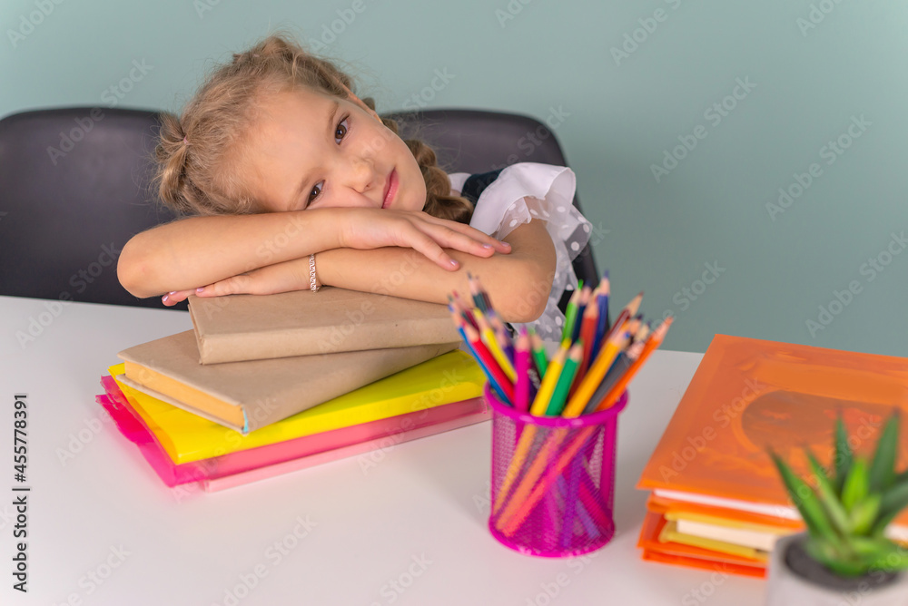 Back to school! Happy cute industrious child is sitting at a desk indoors. Kid is learning in class. Back to school! Happy cute industrious child is sitting at a desk indoors. Kid is learning in class.