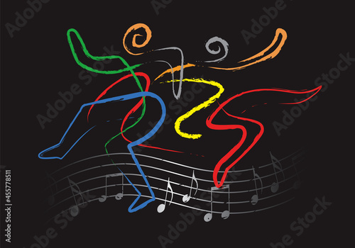  Lively dancing people, folk dance symbol.
 Expressive, line art stylized illustrations of dancers .Isolated on black background. Vector available.