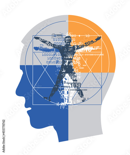  scientist, Male head with Vitruvian man, concept for technology and science.
 Illustration of stylized young man head in profile and vitruvian man with a binary codes.Vector available.