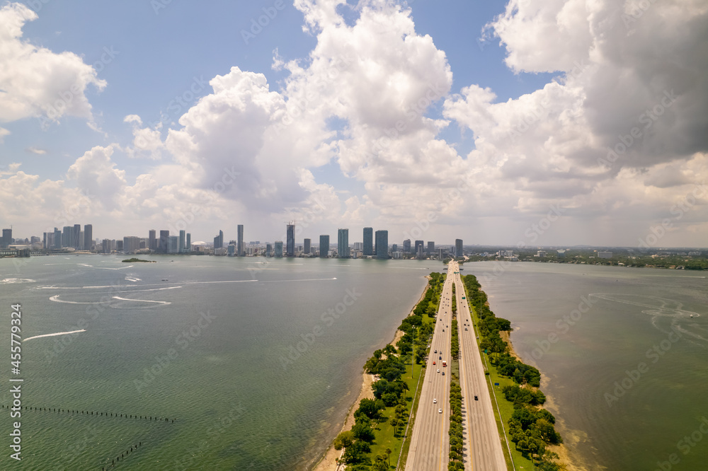 Aerial photo Julia Tuttle Causeway Bridge Miami Florida over Biscayne Bay