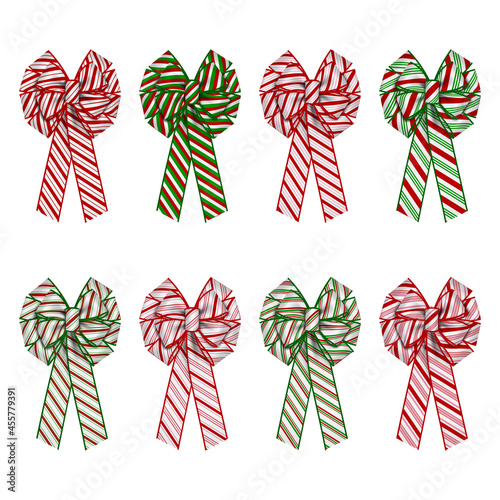 Set of striped bows for christmas wreath decorations. bows with candy cane texture