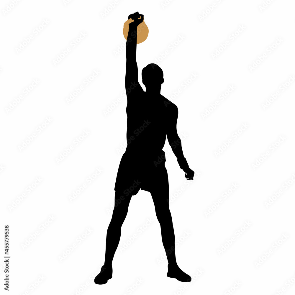 Silhouette of a weightlifter in a standing position with a kettlebell. Weight-lifting. Flat style. Training set. Isolated vector illustration.