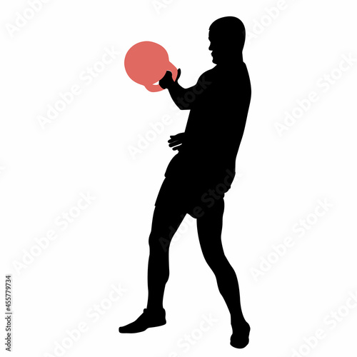 Silhouette of a weightlifter in a standing position with a kettlebell. Weight-lifting. Flat style. Training set. Isolated vector illustration.
