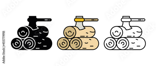 Ax icon set stuck in tree stumps. Thin line icons of wood production process. Manufacturing icon set. Silhouette, colorful and linear set.