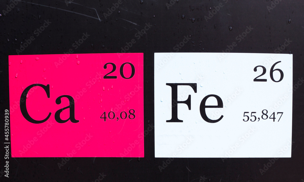 Chemical elements calcium and ferrum.Names and abbreviation of chemical