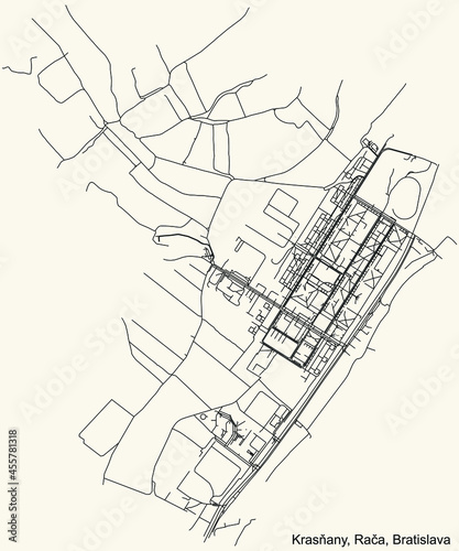 Detailed navigation urban street roads map on vintage beige background of the Bratislavan quarter Krasňany locality inside Rača borough of the Slovakian capital city of Bratislava, Slovakia photo