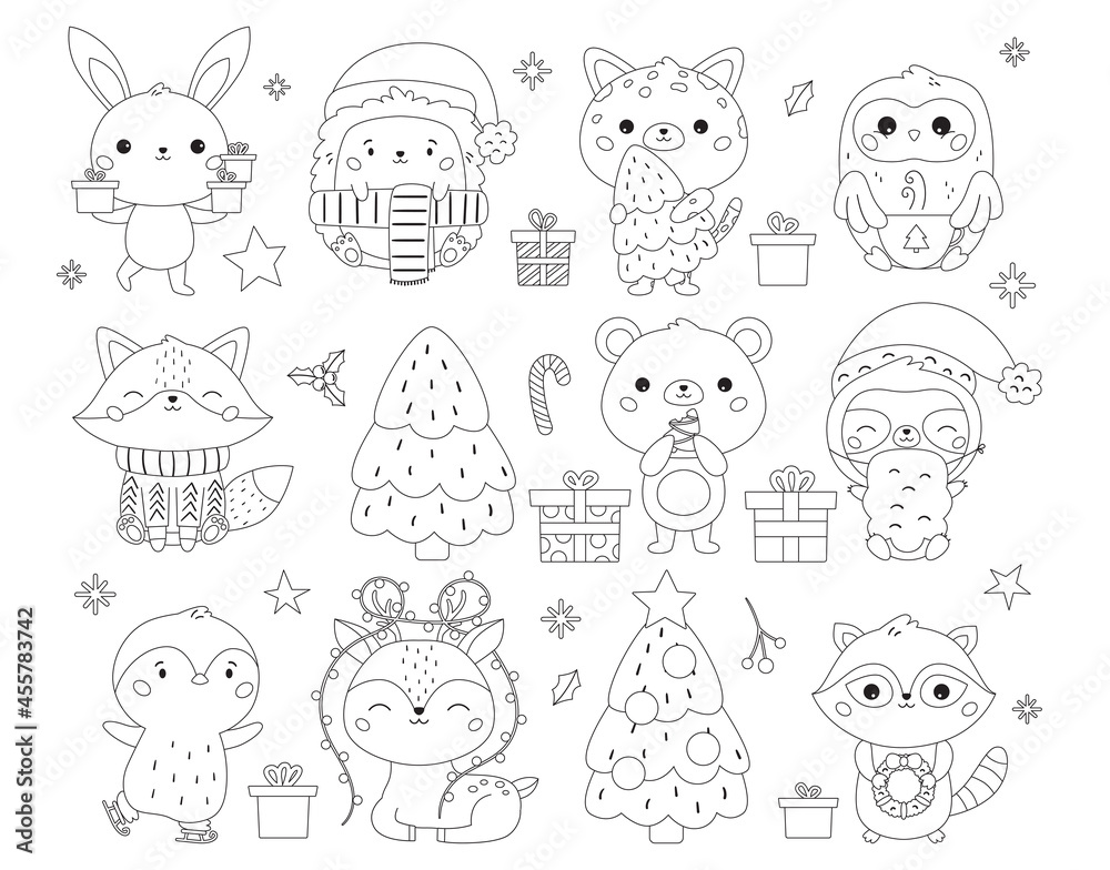 Christmas and New Year set with cute animals, gifts and sweets. Coloring page for children. Kawaii cartoon characters. Happy New Year. Black and white outline vector illustration.