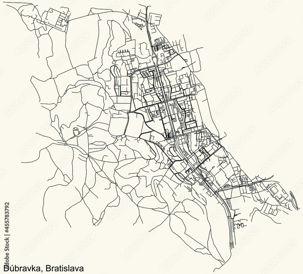 Detailed navigation urban street roads map on vintage beige background of the Bratislavan quarter Dúbravka borough of the Slovakian capital city of Bratislava, Slovakia