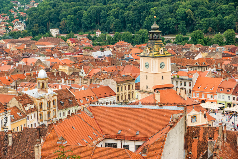 Top view of the old town of Brasov in Romania