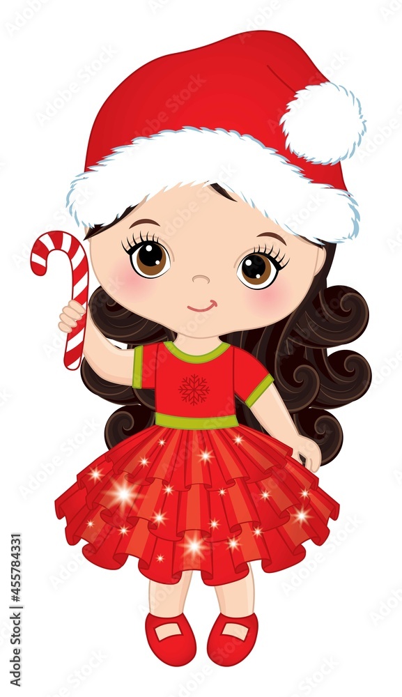 Cute Little Girl Wearing Santa Claus Hat Holding Candy Stick. Vector Christmas Cute Girl with Candy Stick