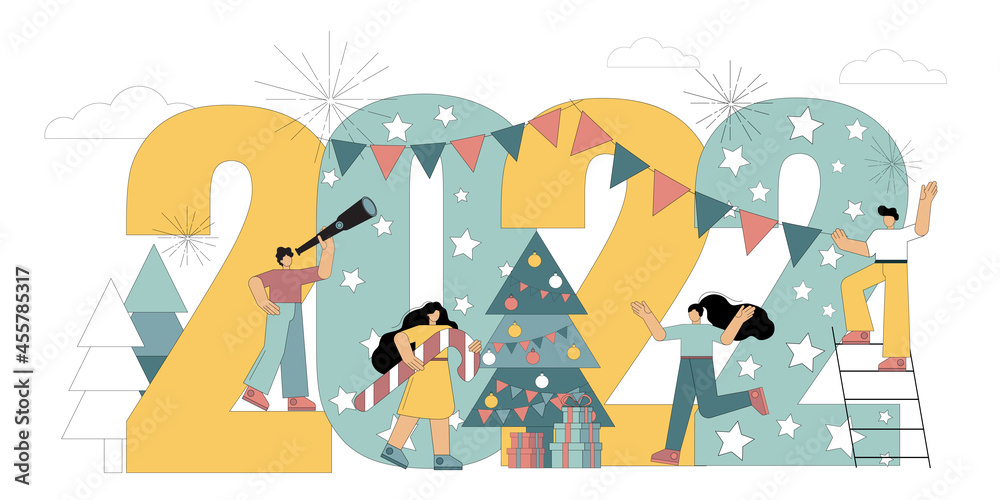 Fototapeta premium 2022. Flat people are preparing for Christmas, New Year