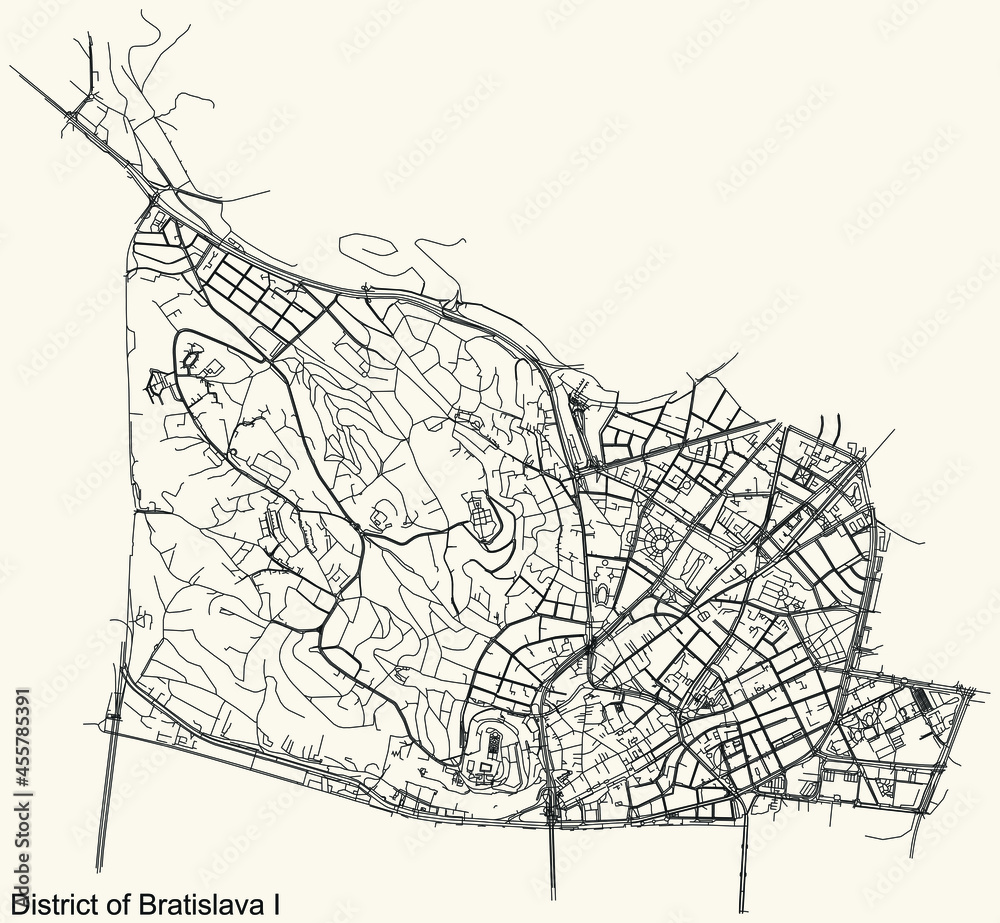 Detailed navigation urban street roads map on vintage beige background of the Bratislavan quarter Bratislava I district of the Slovakian capital city of Bratislava, Slovakia