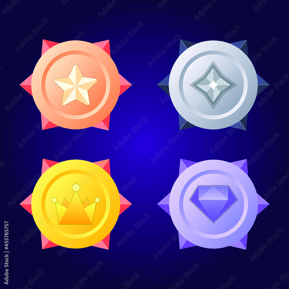 Set of Game rating icons with medals.Game Golden, Silver, Bronze, Diamond Medal. Vector Illustration, Vector round assets for game design. Set of Game rating icons with medals.Game Golden, Silver, Bronze, Diamond Medal. Vector Illustration, Vector round assets for game design.