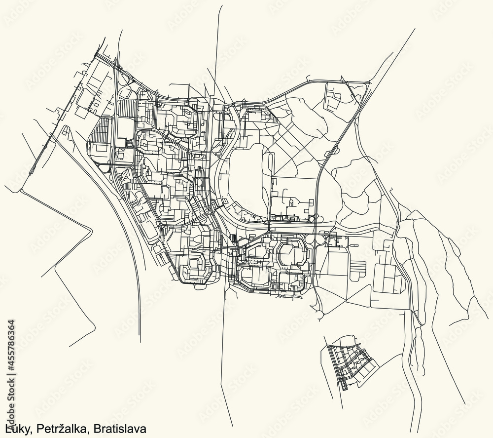 Detailed navigation urban street roads map on vintage beige background of the Bratislavan quarter Lúky locality inside Petržalka borough of the Slovakian capital city of Bratislava, Slovakia