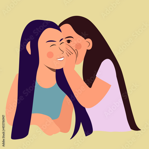 The girl is whispering gossip or secrets in friend's ear. The second girl is smiling. Cartoon vector illustration
