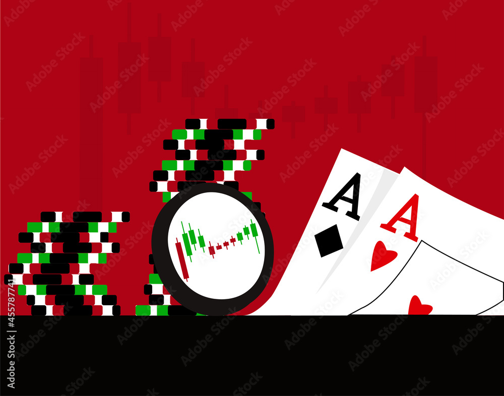 Obraz premium Stock market is uncertain and risky sometimes, can end up like gambling if not understood well; casino coins and cards can be seen in illustration 