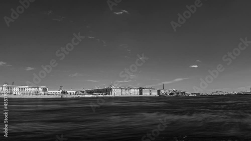 Saint-Petersburg Russia Neva stream timelapse, tourist boats and water trip, infrared black and white