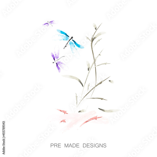 Dragonfly in the grass Watercolor Vector
