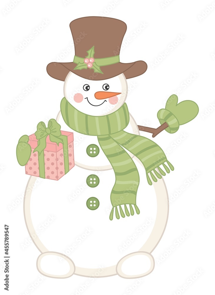 Cute Christmas Snowman Wearing Gentleman Top Hat Holding Gift Box. Vector Happy Xmas Snowman