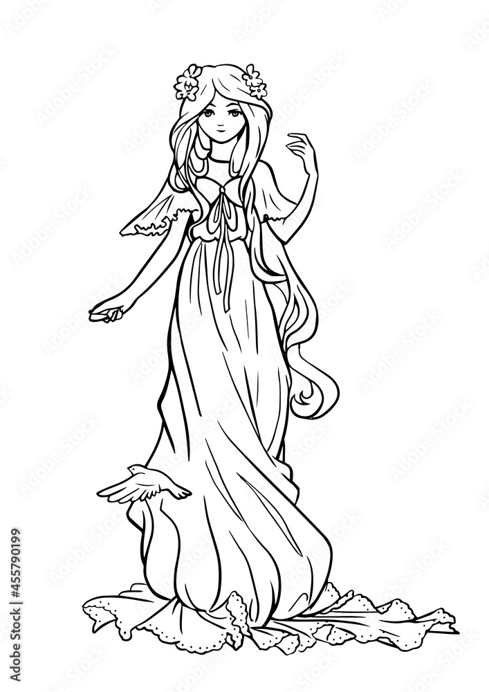 Pretty fairy girl with long hair. Beautiful girl. Wood Fairy. Princess. Isolated vector on white background. Coloring page, card, print, t-shirt.