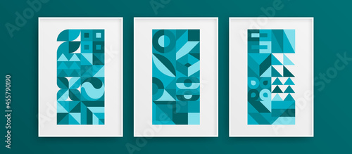 Colorful amazing bauhaus geometric vector design artwork bundle. Minimalistic fresh home art layout set.