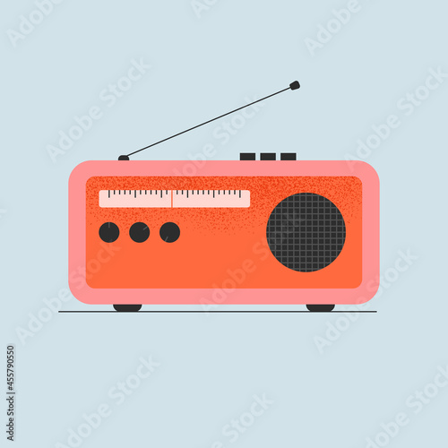 Vintage radio receiver with antenna in trendy style. Listening to music, news on the radio channel, station. Broadcasting concept. Old audio equipment. Isolated vector illustration
