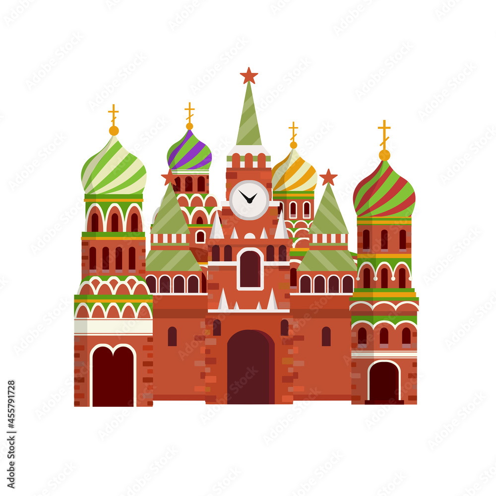 Orthodox Church. Eastern religious temple with bell tower. Monastery and Cathedral. Cartoon flat illustration. Prayer and Christian Greek and Russian faith. Element of red square in Moscow Kremlin
