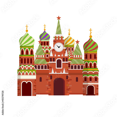 Orthodox Church. Eastern religious temple with bell tower. Monastery and Cathedral. Cartoon flat illustration. Prayer and Christian Greek and Russian faith. Element of red square in Moscow Kremlin